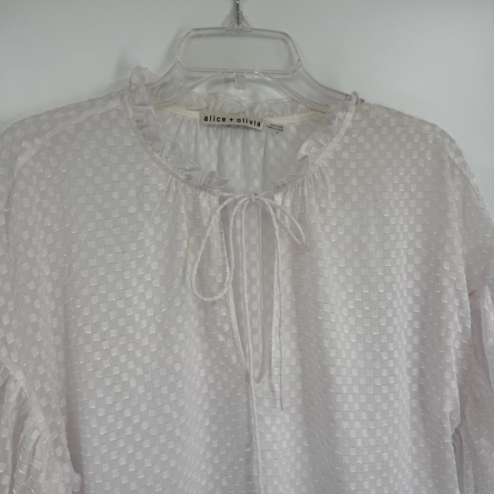 Alice + Olivia Semisheer Blouse Size L Julius White Ruffle Sleeve Clip Dot - Picture 4 of 7